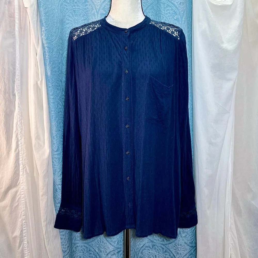 #S1 Free People The Best Button Down Crochet Lace Top Sz L - Picture 3 of 8
